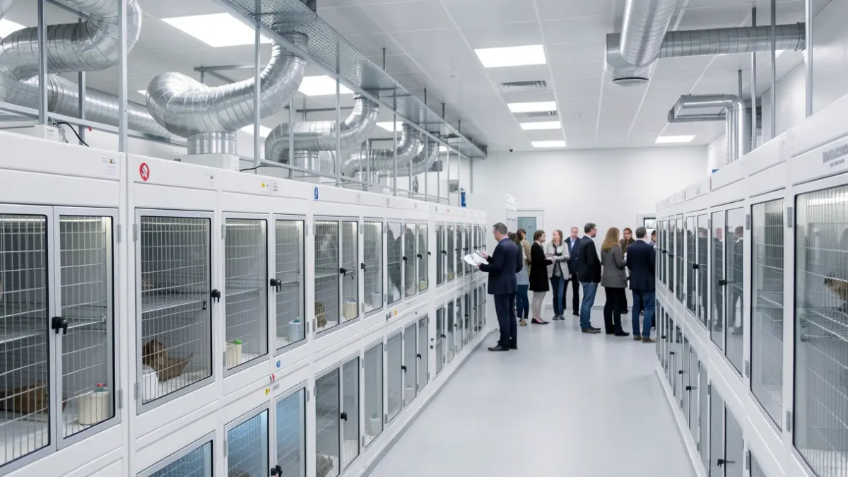 Generic image of a modern laboratory with specialized cages and ventilation systems.