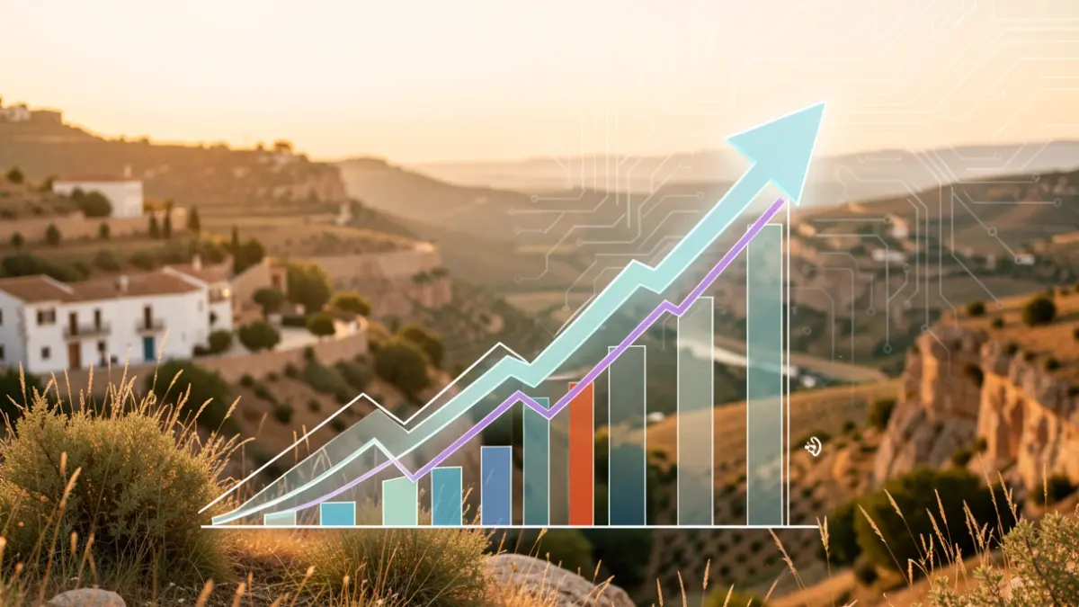 Generic image of abstract economic growth charts with artificial intelligence patterns and an Andalusian landscape at sunset.