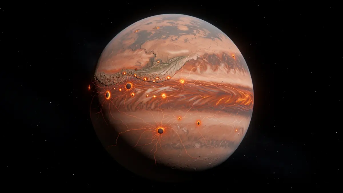 Stylized representation of Venus's lithosphere, showing thickness differences and volcanic activity.