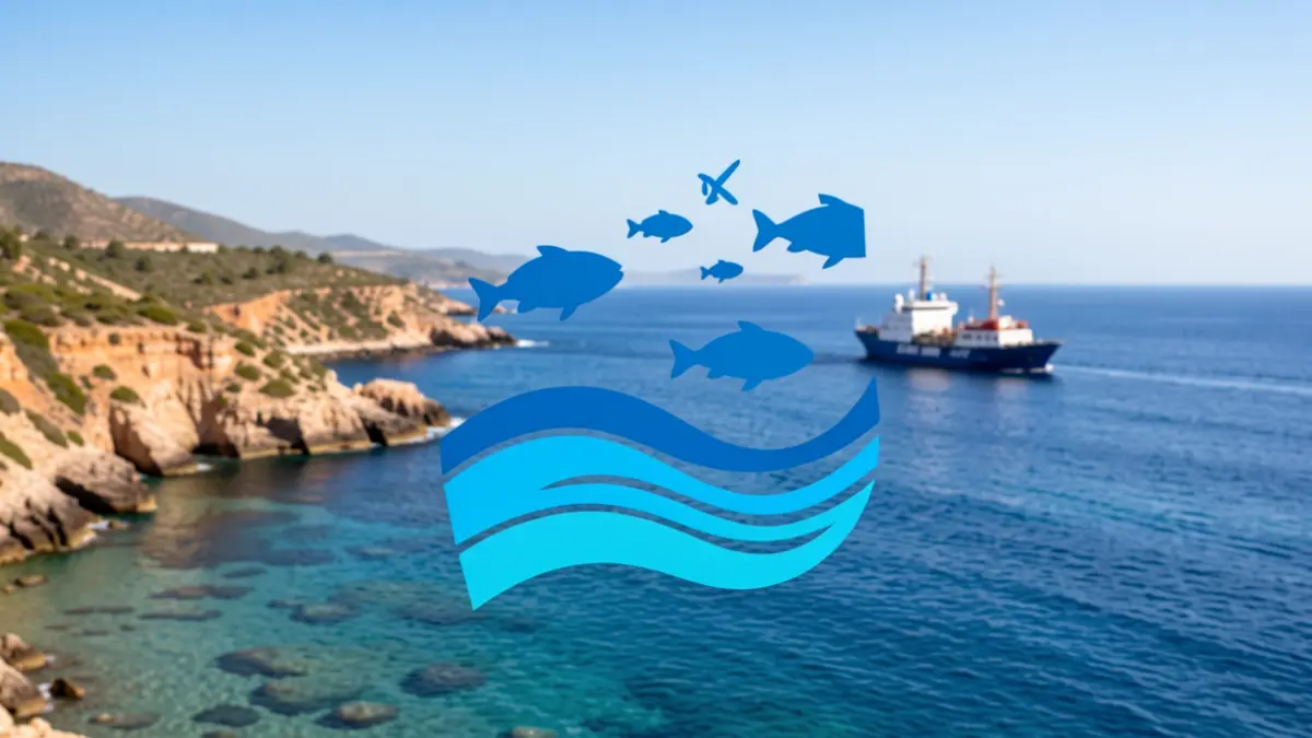 Generic image of the Andalucian coast with a research vessel and graphic elements of blue economy.