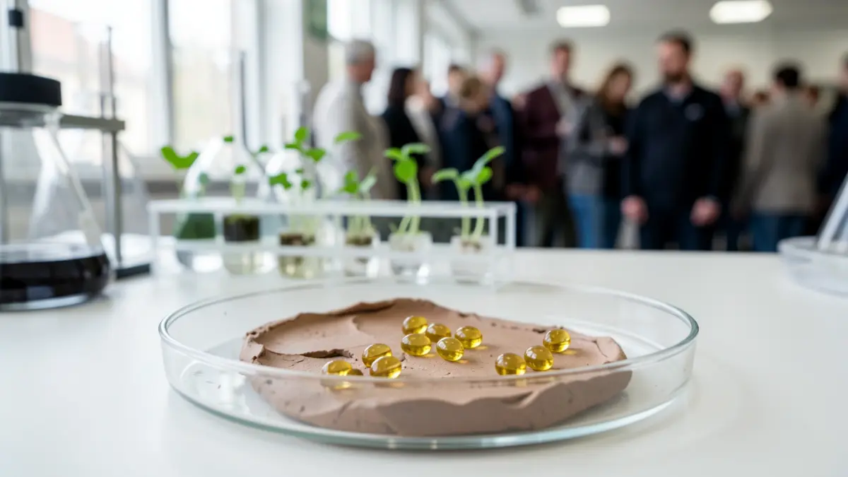 Laboratory dish with clay and essential oil capsules, with green sprouts in the background.