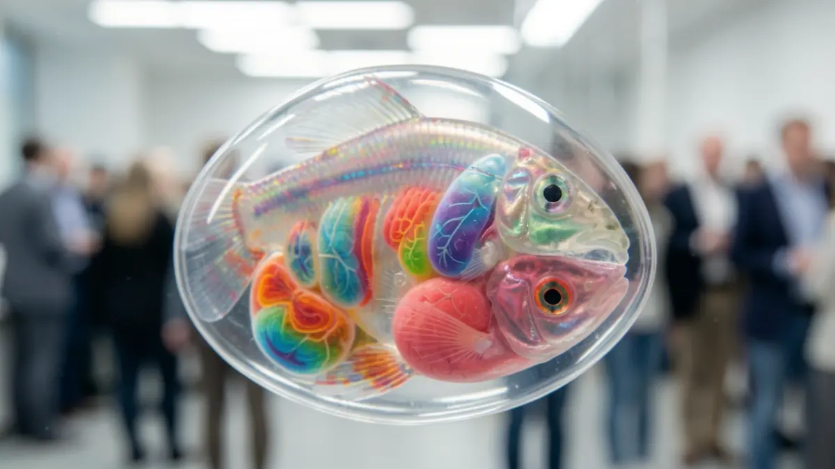 Close-up of a transparent zebrafish embryo with visible internal organs, highlighting its rapid embryonic development and in vivo study capabilities.