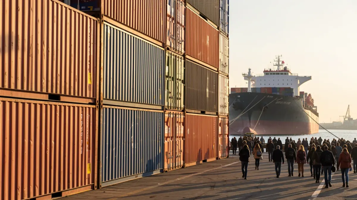 Imagen genérica de contenedores industriales apilados en un muelle de puerto con un buque de carga al fondo.