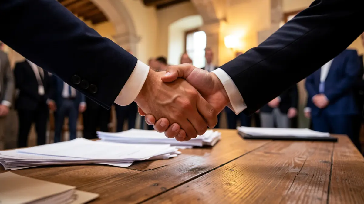 Generic image of two hands shaking over a wooden desk with blurred paperwork, warm office lighting, and Mediterranean architectural elements in the background.