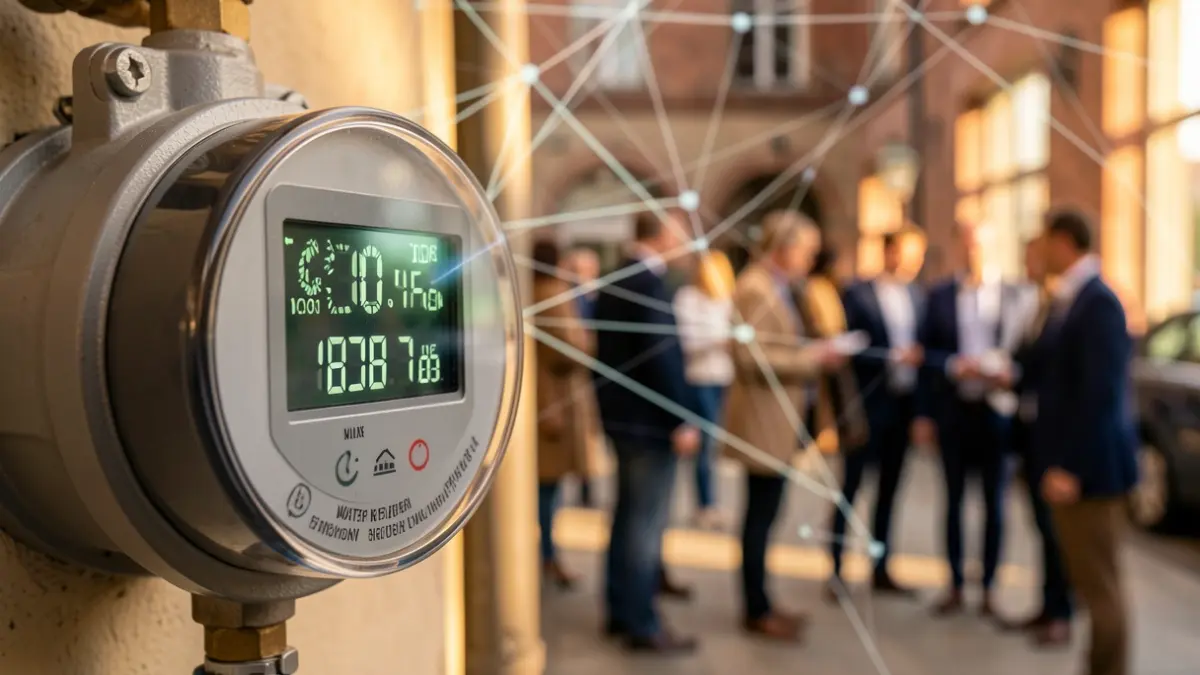 Primer plano de un contador de agua digital mostrando datos en tiempo real, con líneas de red abstractas desenfocadas al fondo.