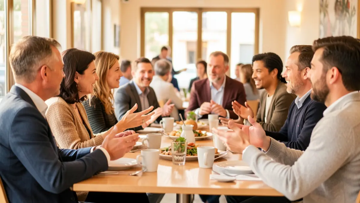 Catalan business people participating in a networking breakfast.