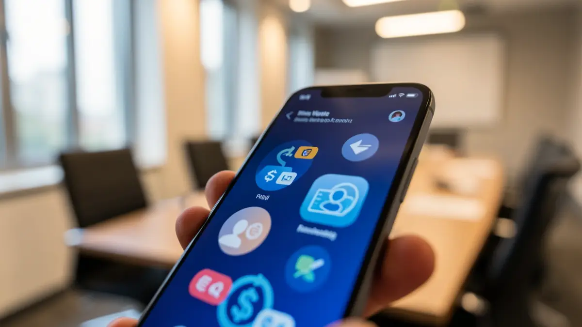 Generic image: a digital wallet interface on a mobile phone screen, with abstract digital currency and identity icons. Blurred background of a modern conference room with soft lighting.