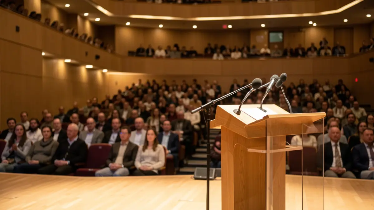 Generic image: A modern auditorium in Euskadi with three microphones and a lectern.