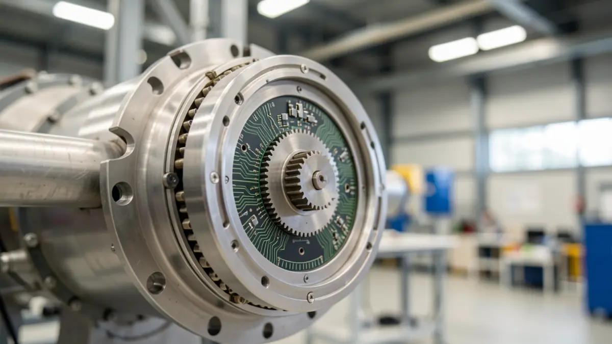 Generic image: Close-up of a metallic component with intricate gears and circuits, set against a blurred background of a modern industrial facility in Euskadi, soft ambient lighting.
