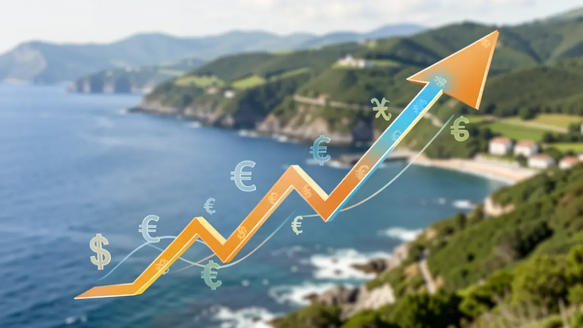 Imagen genérica: Representación abstracta del crecimiento económico con gráficos ascendentes y símbolos de divisas, sobre un telón de fondo de la costa del País Vasco y colinas verdes, luz suave.