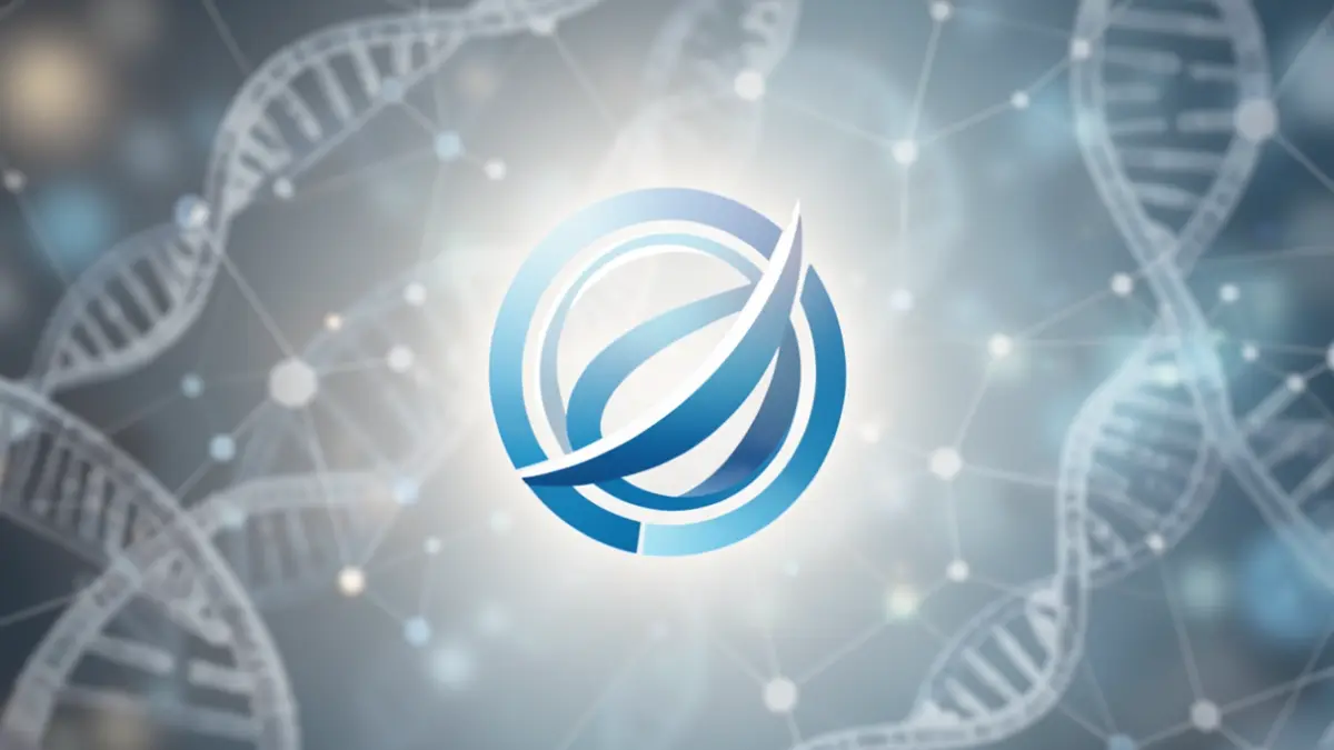 Generic image of an abstract symbol of medical innovation and European collaboration with DNA patterns and interconnected nodes.