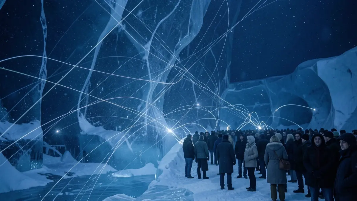 Imagen genérica de sutiles trazos de luz en un entorno glacial azul profundo, representando partículas cósmicas.