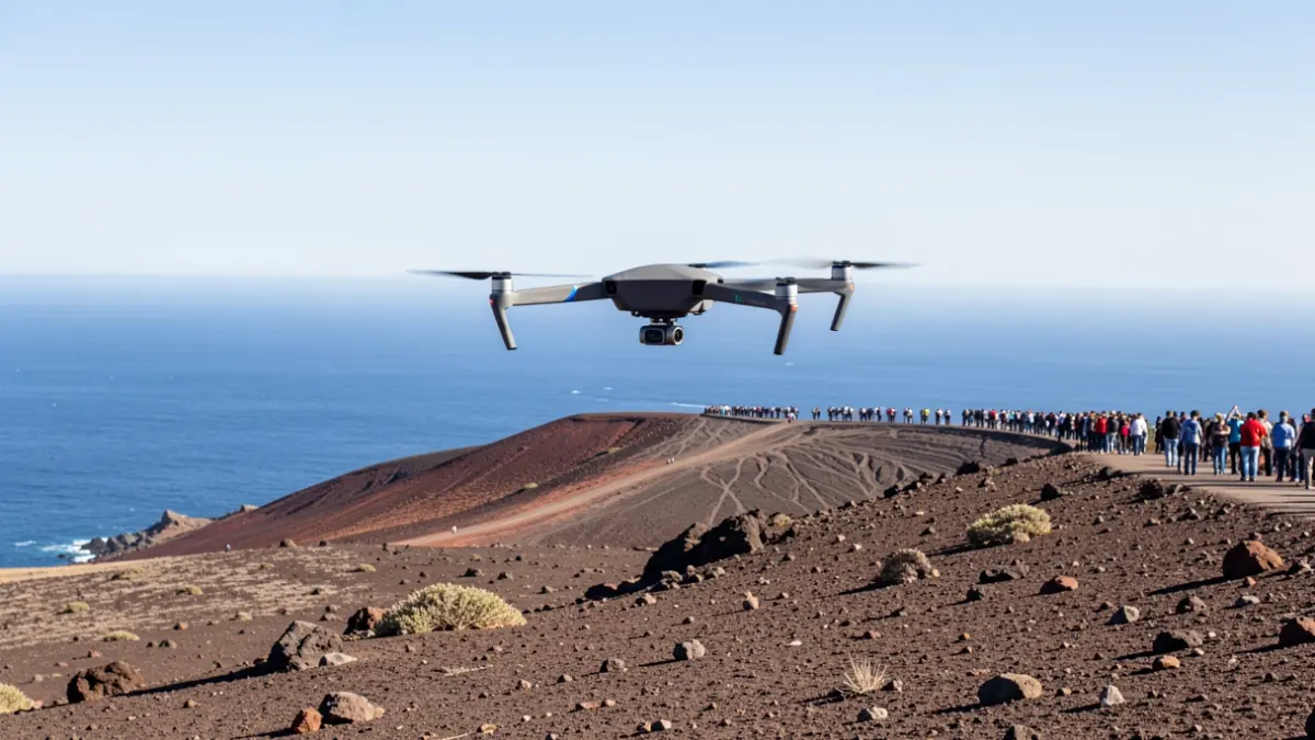 Un dron sobrevolando el paisaje volcánico de Fuerteventura con el océano de fondo.