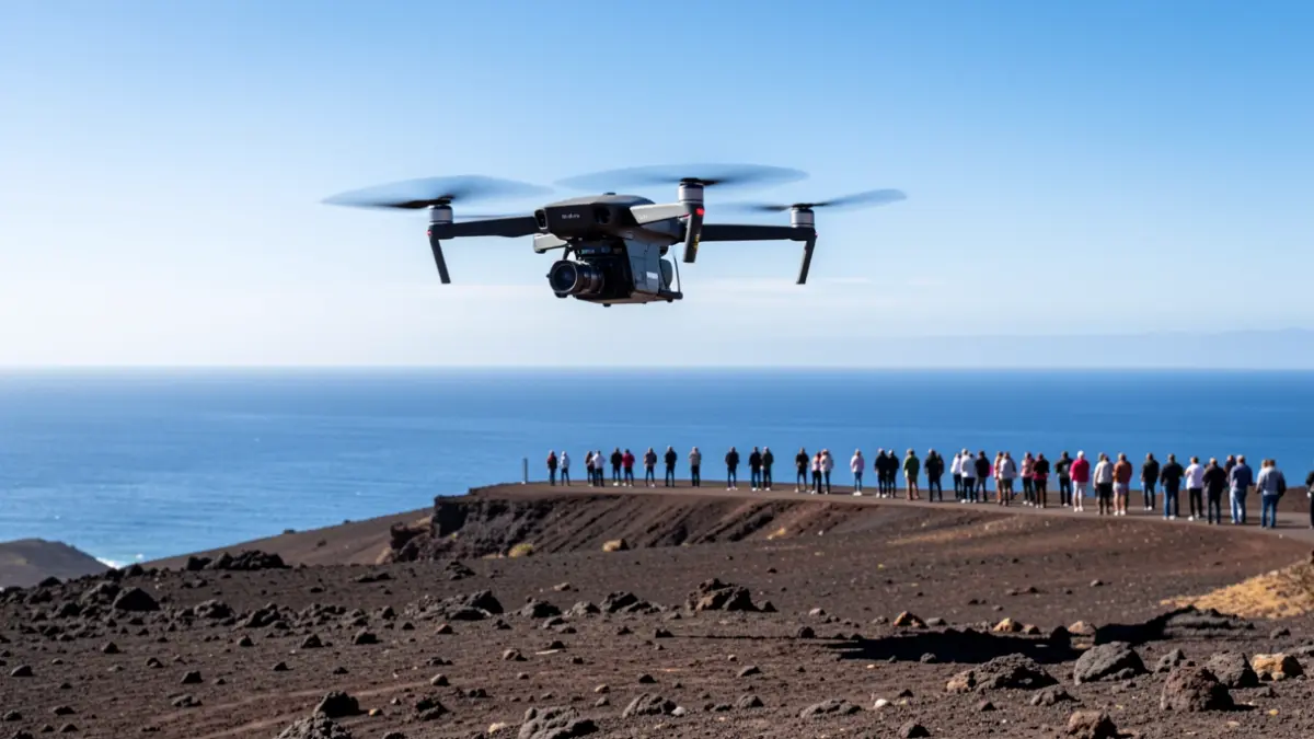 Imagen de un dron sobrevolando el paisaje volcánico de Fuerteventura.