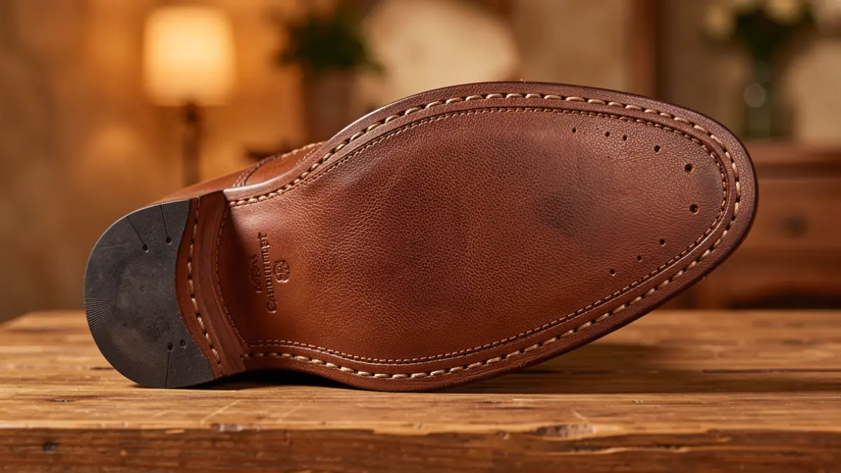 Generic image of a leather shoe sole with stitching details on a wooden surface.