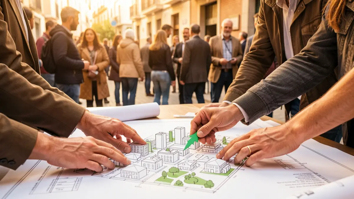 Symbolic image of social economy and stable employment in Getafe, with hands collaborating over a city blueprint.