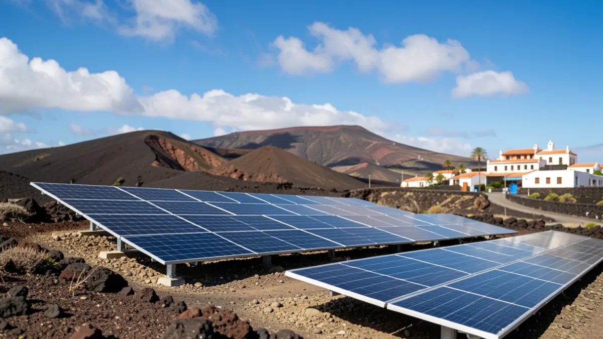 Instalación de paneles solares en un paisaje volcánico de Canarias con arquitectura tradicional al fondo.