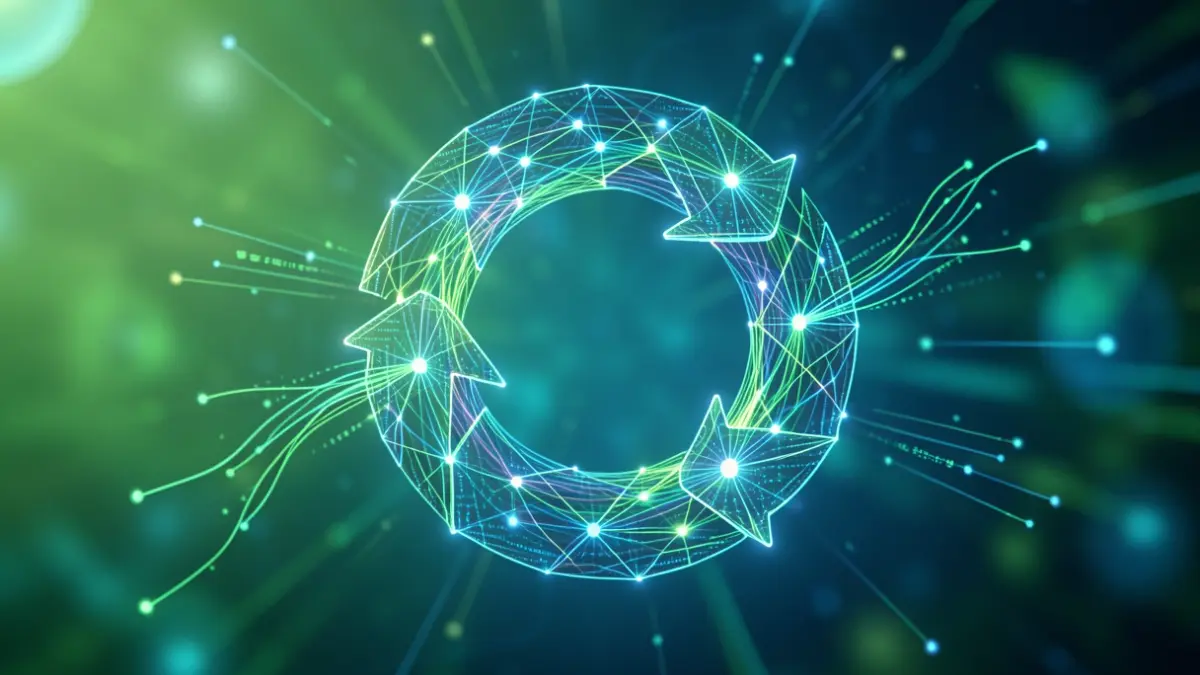 Generic image of interconnected nodes and glowing data streams forming a stylized loop against green and blue hues.