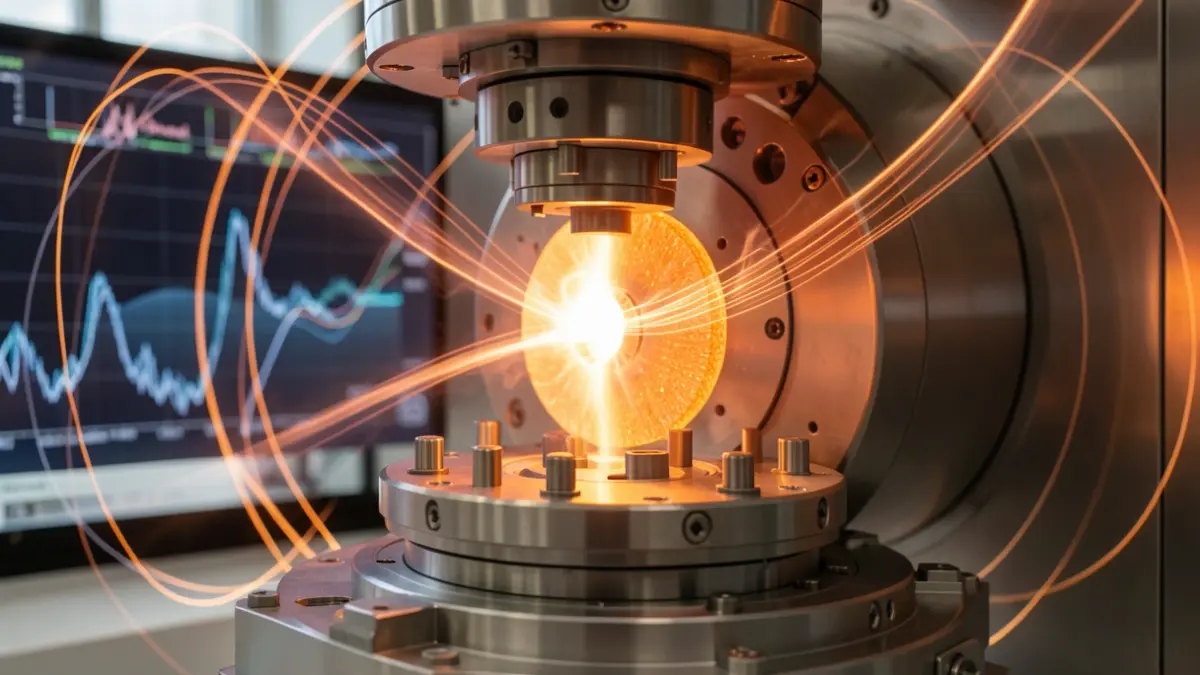 Imagen genérica de una cámara de sputtering con plasma brillante, representando la investigación en ciencia de materiales.