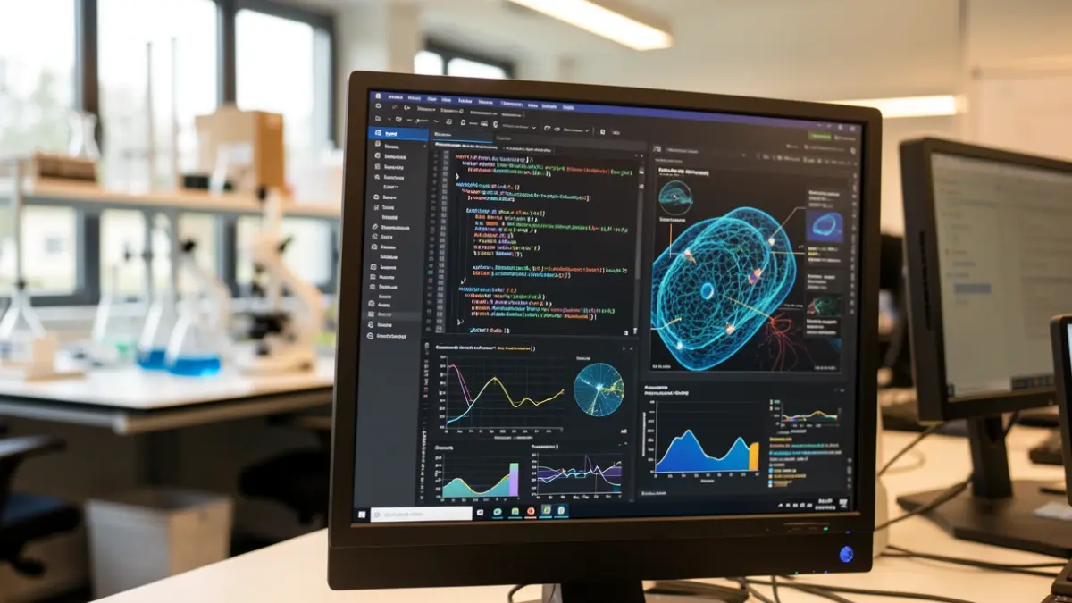 Computer screen showing scientific data and code, with a blurred laboratory in the background.