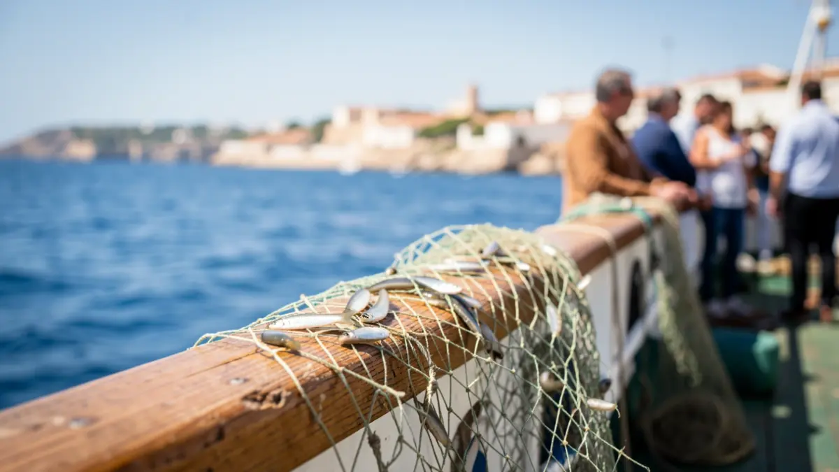 Fishing net with small fish on a wooden boat railing, with the blue sea and Andalusia coast in the background.