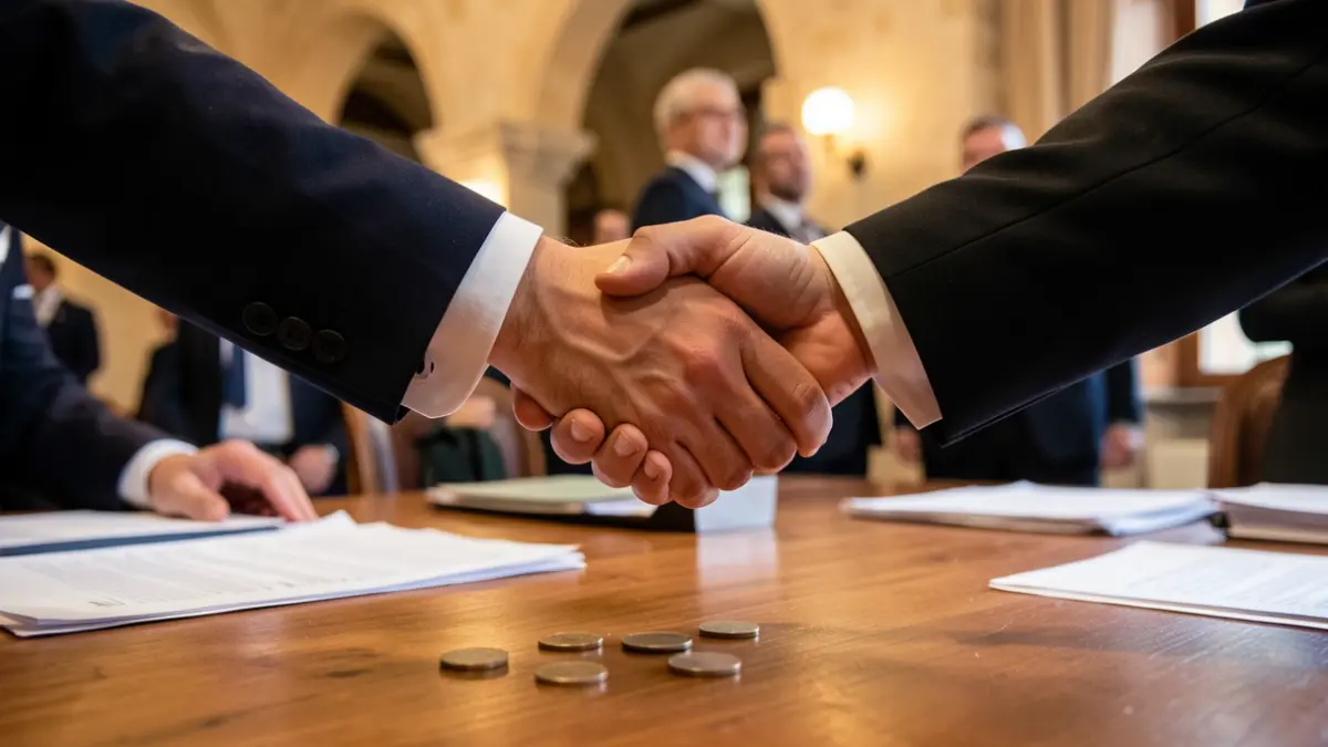 Generic image of two hands shaking over a table with papers and coins, with warm office lighting.