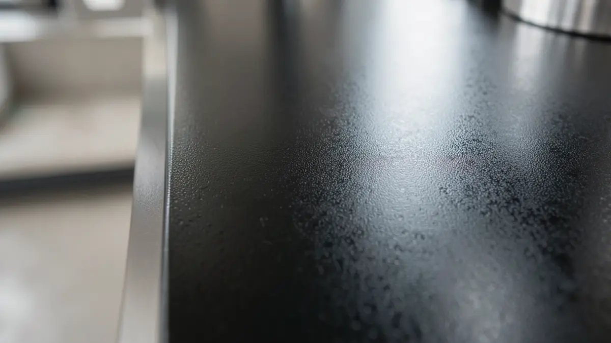 Imagen genérica: una superficie de acero inoxidable con acabado negro decorativo, de textura sutil y mate, reflejando luz suave.