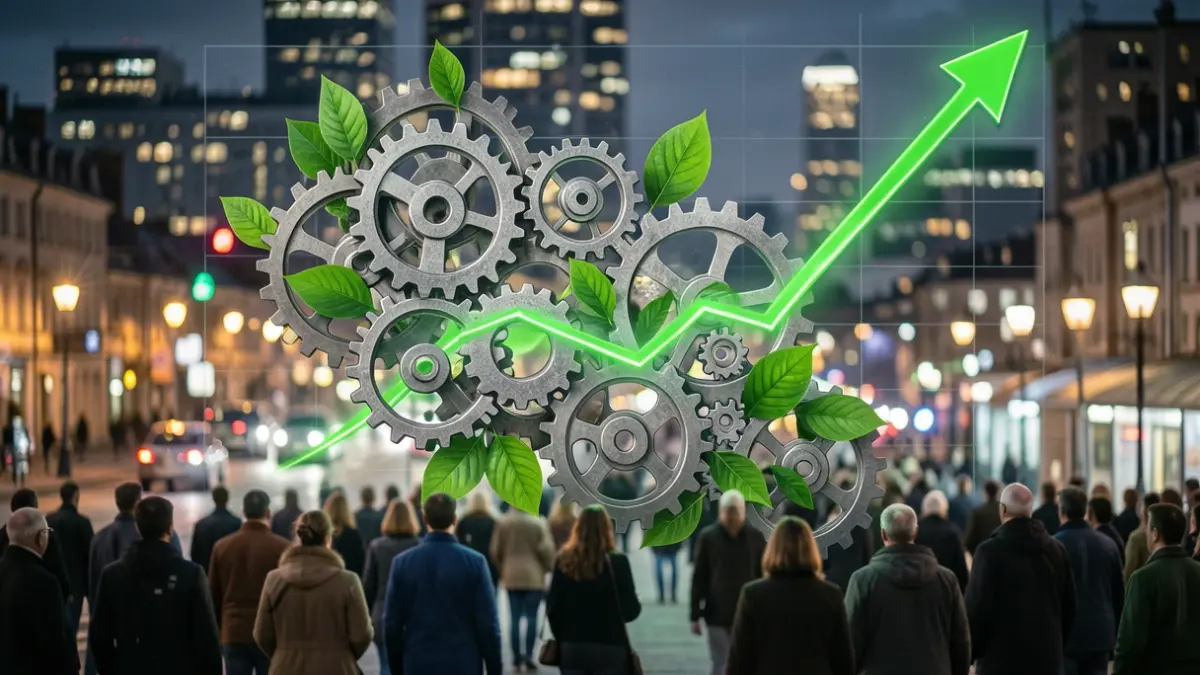 Generic image of intertwined gears with green leaves and a blurred upward trending graph.