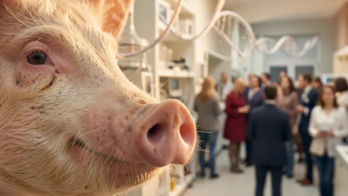 Primer plano del hocico de un cerdo con un fondo difuminado de equipo de laboratorio y hebras de ADN, simbolizando la investigación epigenética en la resiliencia animal.