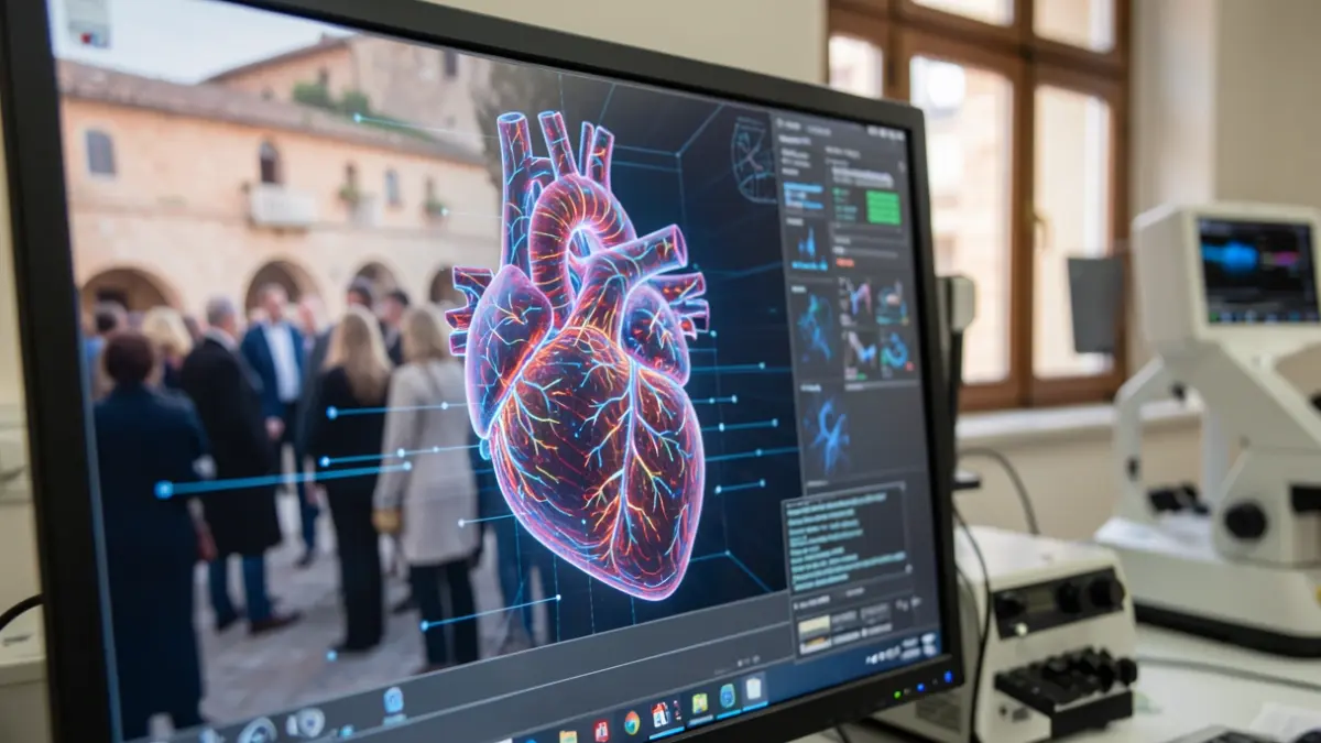 Imagen genérica de un modelo digital del corazón en una pantalla de ordenador, con equipamiento de laboratorio desenfocado al fondo.