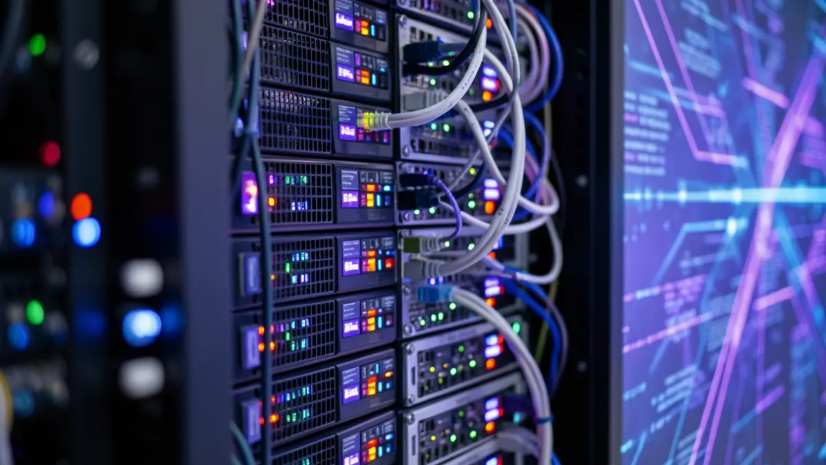 Generic image of high-performance computing servers with blinking lights and cables, representing advanced technology.