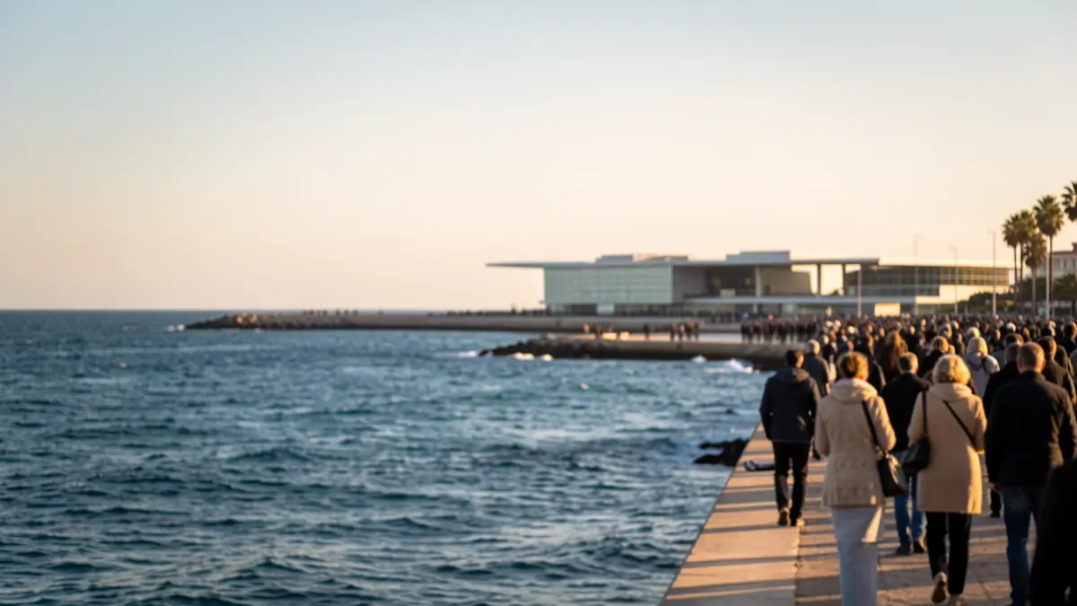 Vista panorámica del océano Atlántico junto a la costa de Cádiz, con un centro de conferencias moderno al fondo.