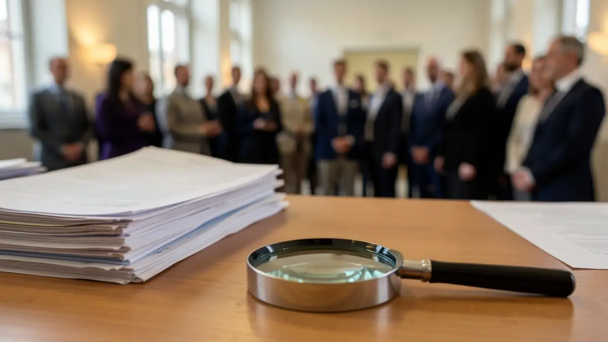 Generic image: close-up of a stack of financial documents and a magnifying glass on a wooden desk, with blurred office background and soft ambient lighting, representing audit and investigation.