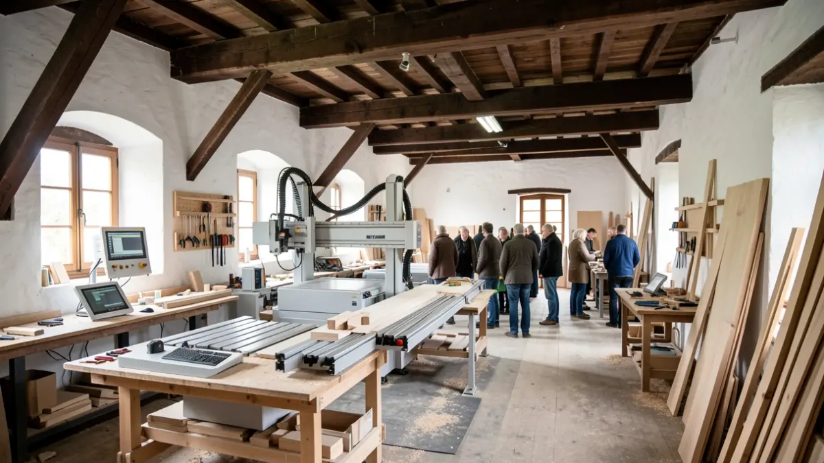Generic image: Interior of a traditional Basque carpentry workshop with white-washed walls and dark wood beams, featuring advanced CNC machinery and design tools, soft natural light.