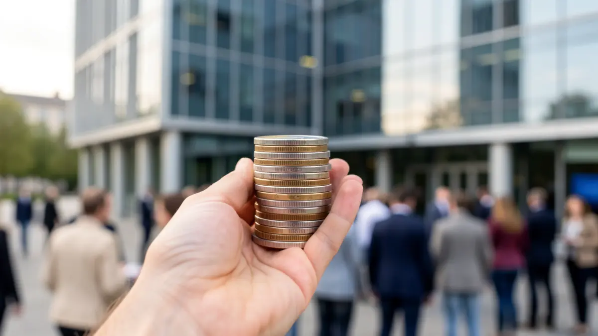 Generic image of a hand holding euro coins with a blurred office building in the background.
