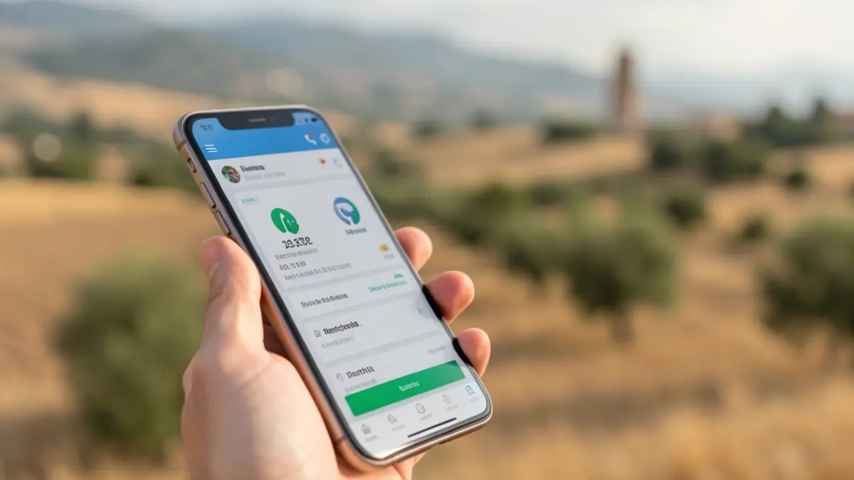 Image of a hand using a banking app on a mobile phone, with a rural landscape in the background.