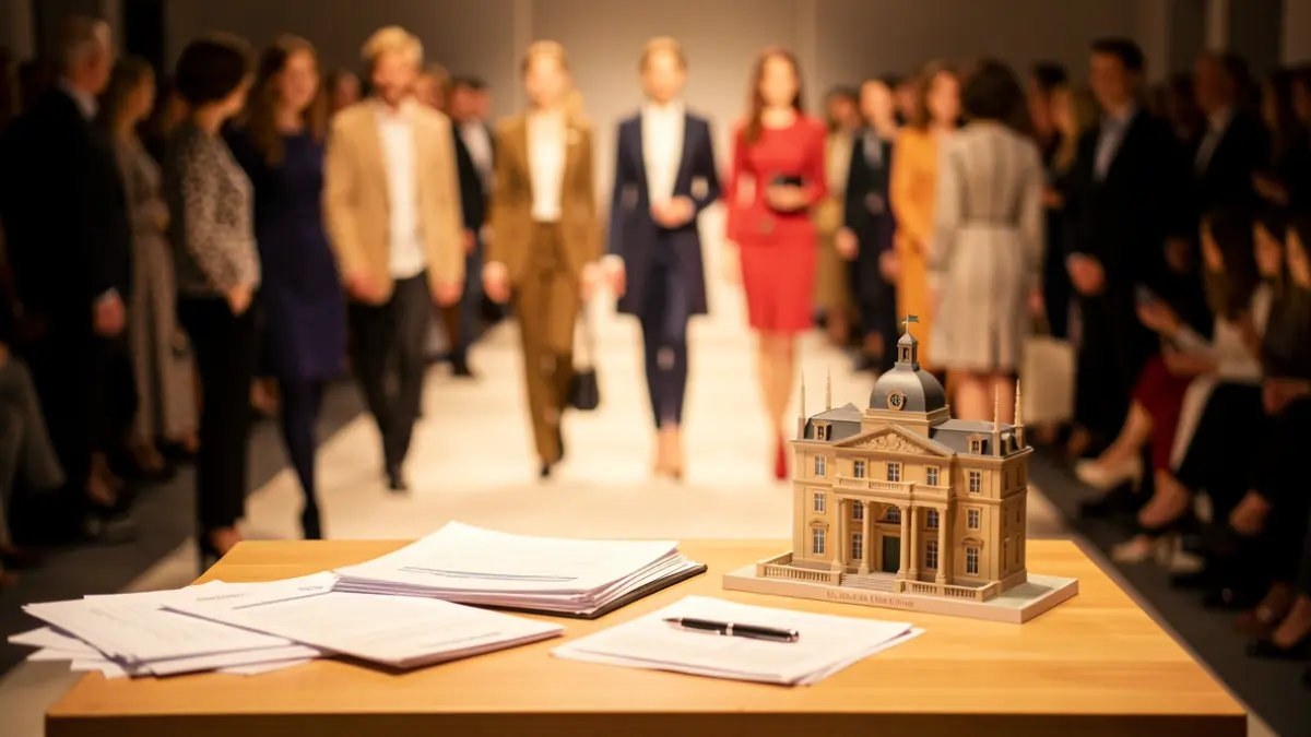 Imagen genérica de una pasarela de moda con elementos que representan el comercio y una institución local.