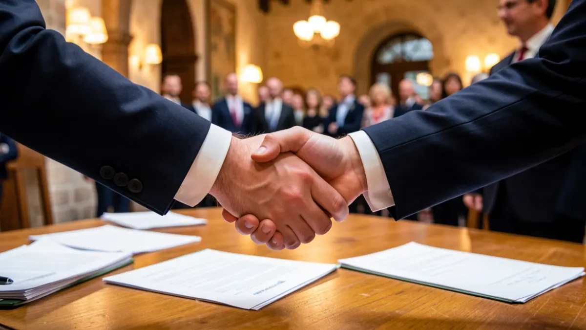Generic image of two hands shaking over a wooden desk with blurred paperwork.