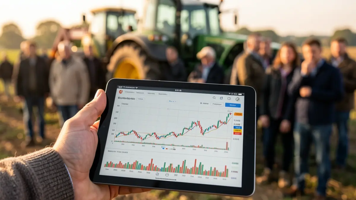 Generic image of a hand holding a tablet with financial charts and agricultural machinery in the background.