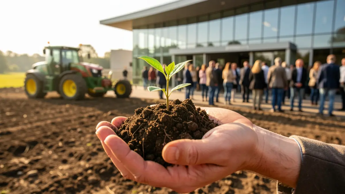 Generic image of a hand holding a plant with soil, with an agricultural setting and a modern building in the background.