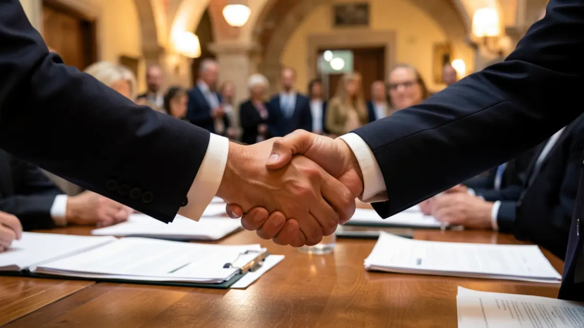 Generic image of a handshake over a desk with documents, featuring Mediterranean architectural elements in the background.