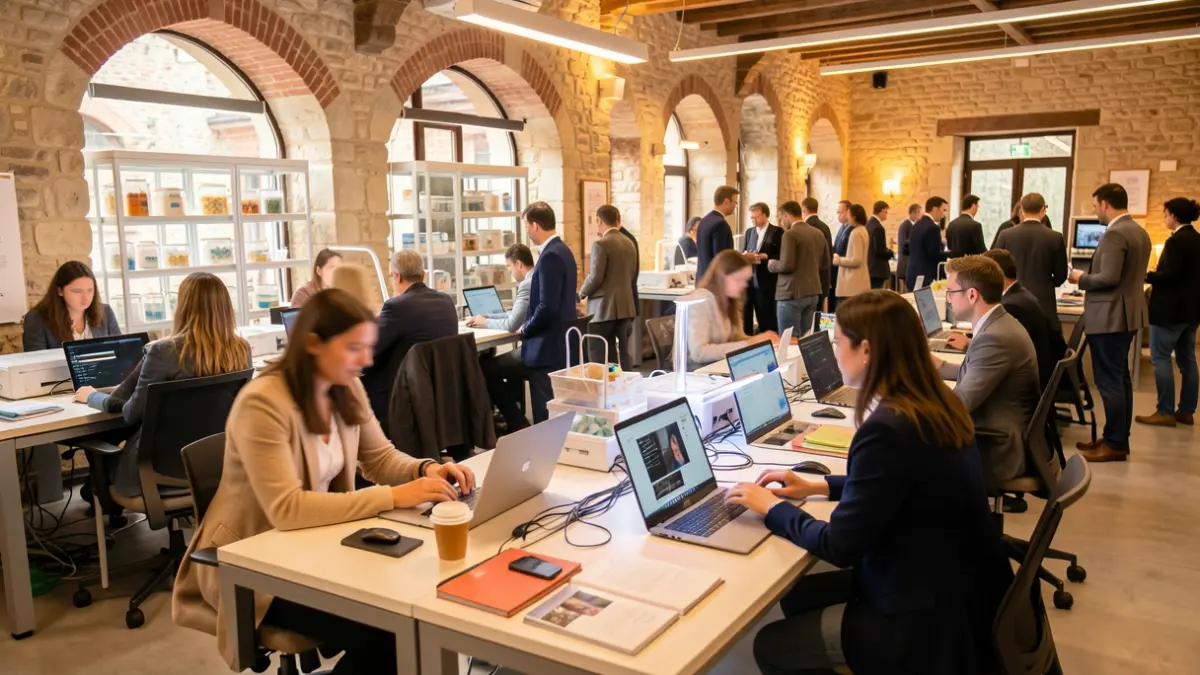 Espacio de incubadora de empresas con emprendedores trabajando y colaborando.