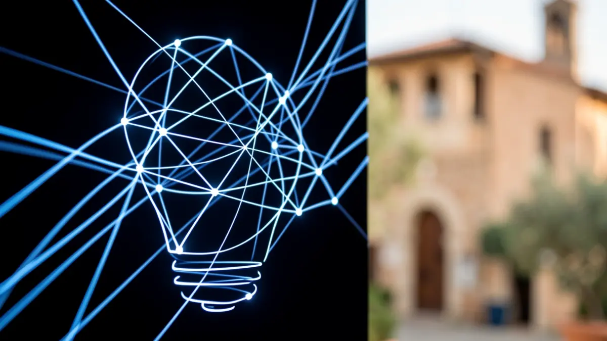 Imagen genérica de una idea de start-up representada por líneas y nodos brillantes sobre un fondo oscuro, con un toque sutil de arquitectura mediterránea al fondo difuminado.