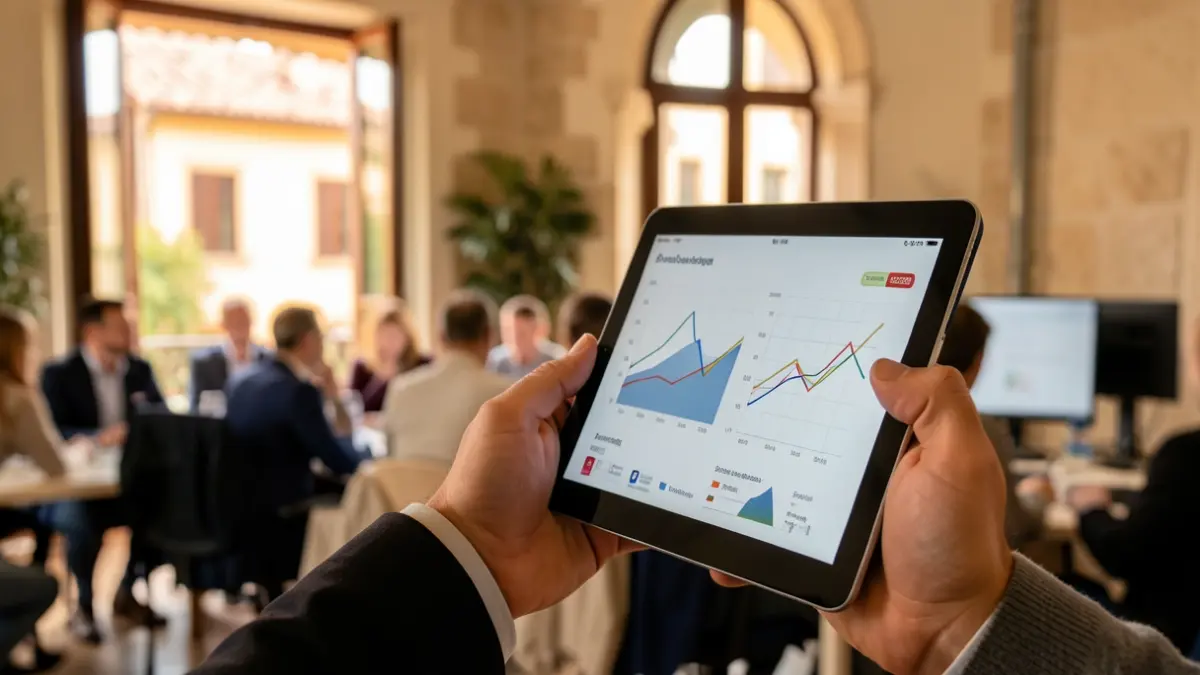 Generic image of a tablet displaying economic charts with Mediterranean architectural elements in the background.