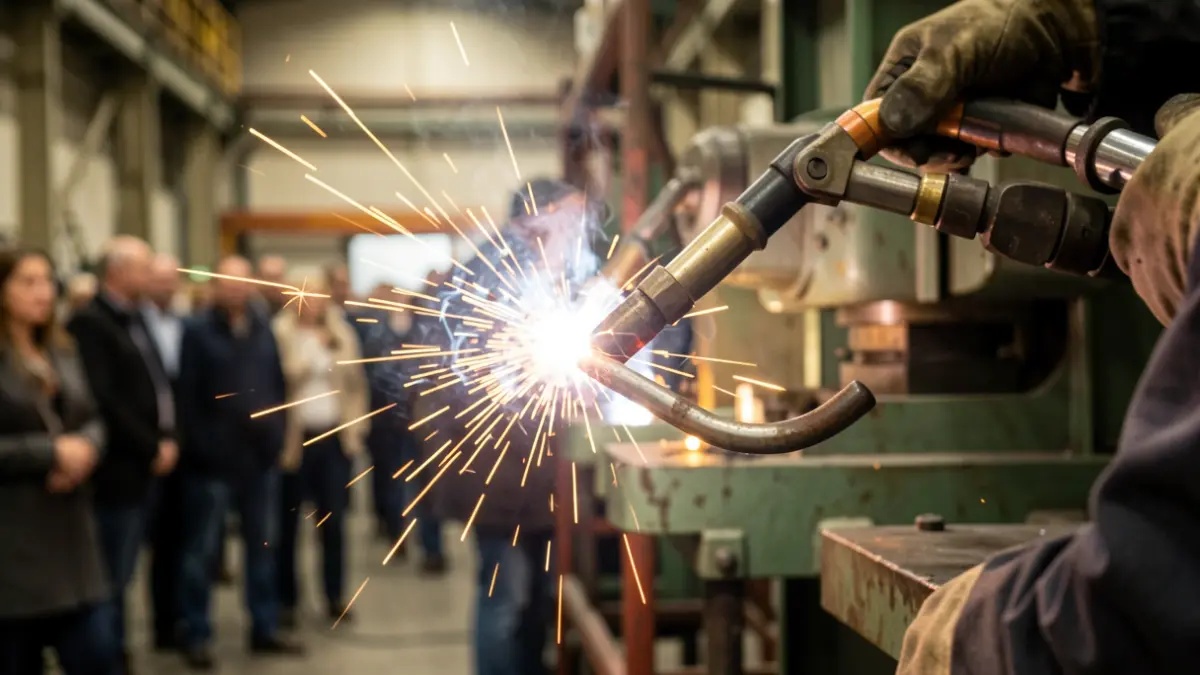 Imagen genérica de una antorcha de soldadura creando chispas en un entorno industrial.