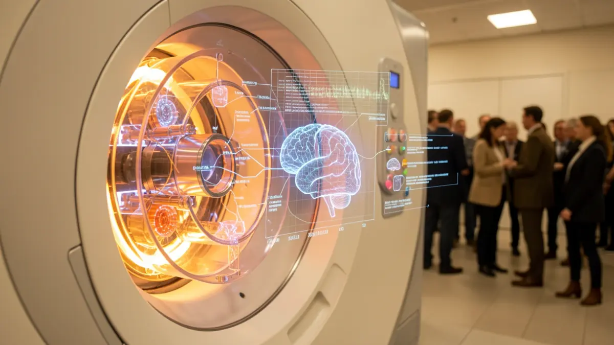 Generic image of a medical imaging device with abstract data and artificial intelligence representations.