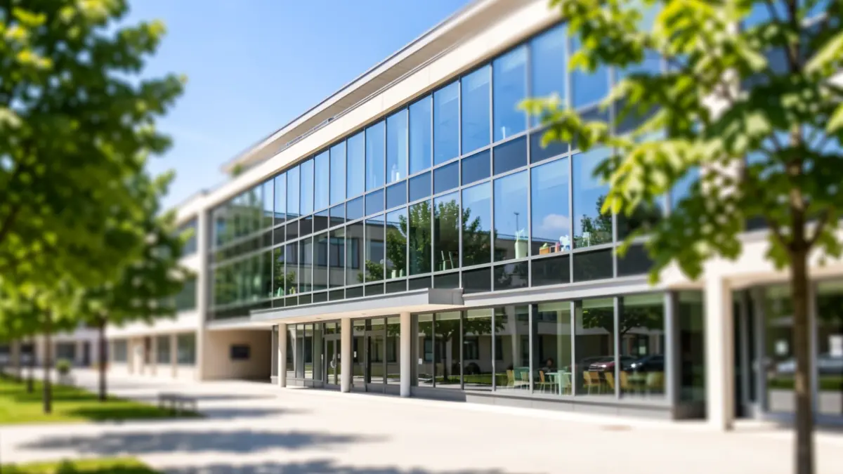 Imagen genérica de la fachada de un edificio universitario moderno con un cielo azul y árboles en primer plano.