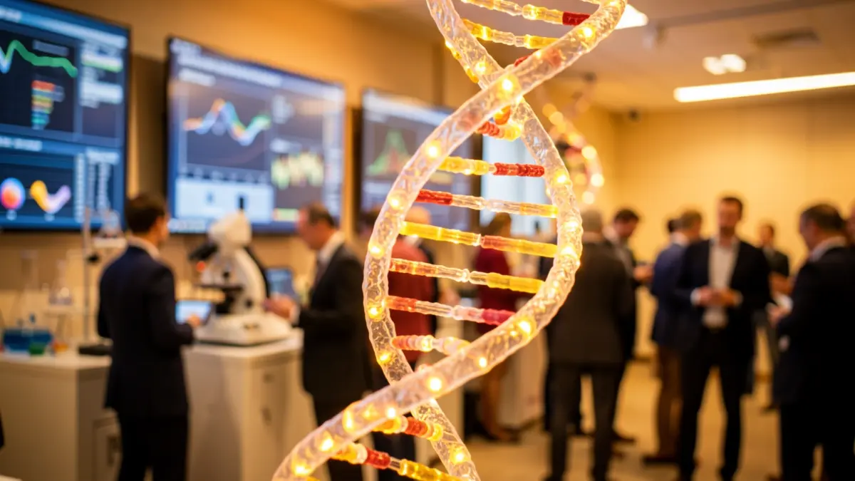 DNA double helix structure with glowing nodes and scientific equipment in the background.