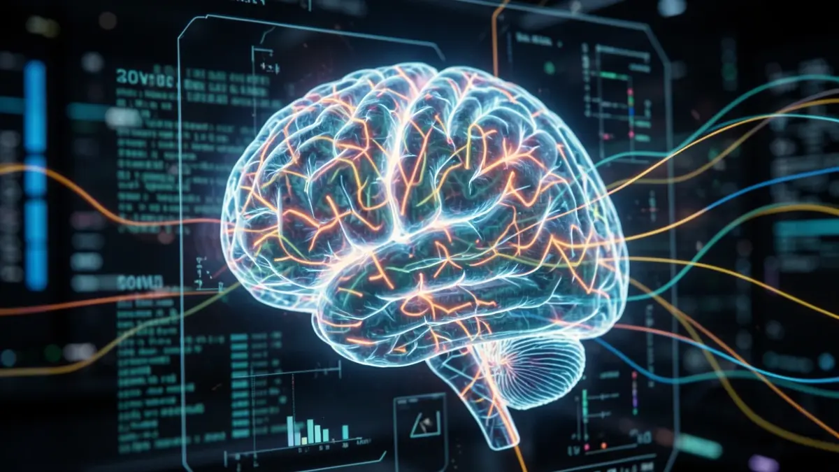 Imagen genérica de una interfaz cerebro-ordenador con vías neuronales brillantes y flujos de datos digitales.