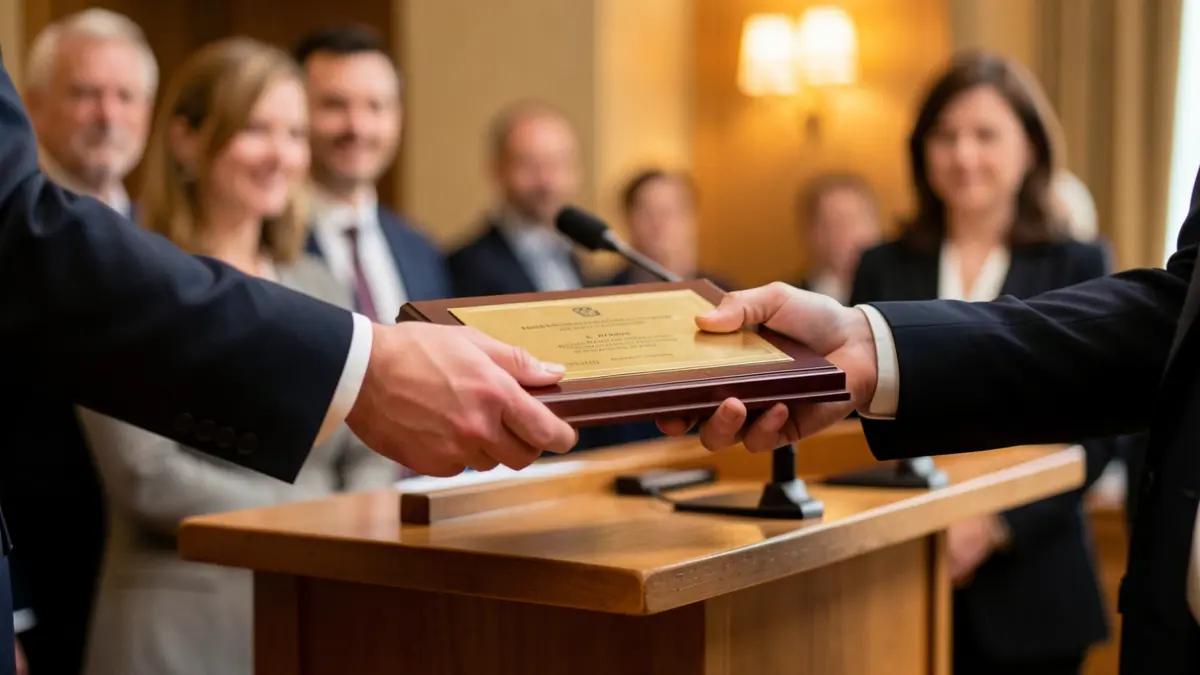 Generic image of a hand receiving an award at an institutional event.